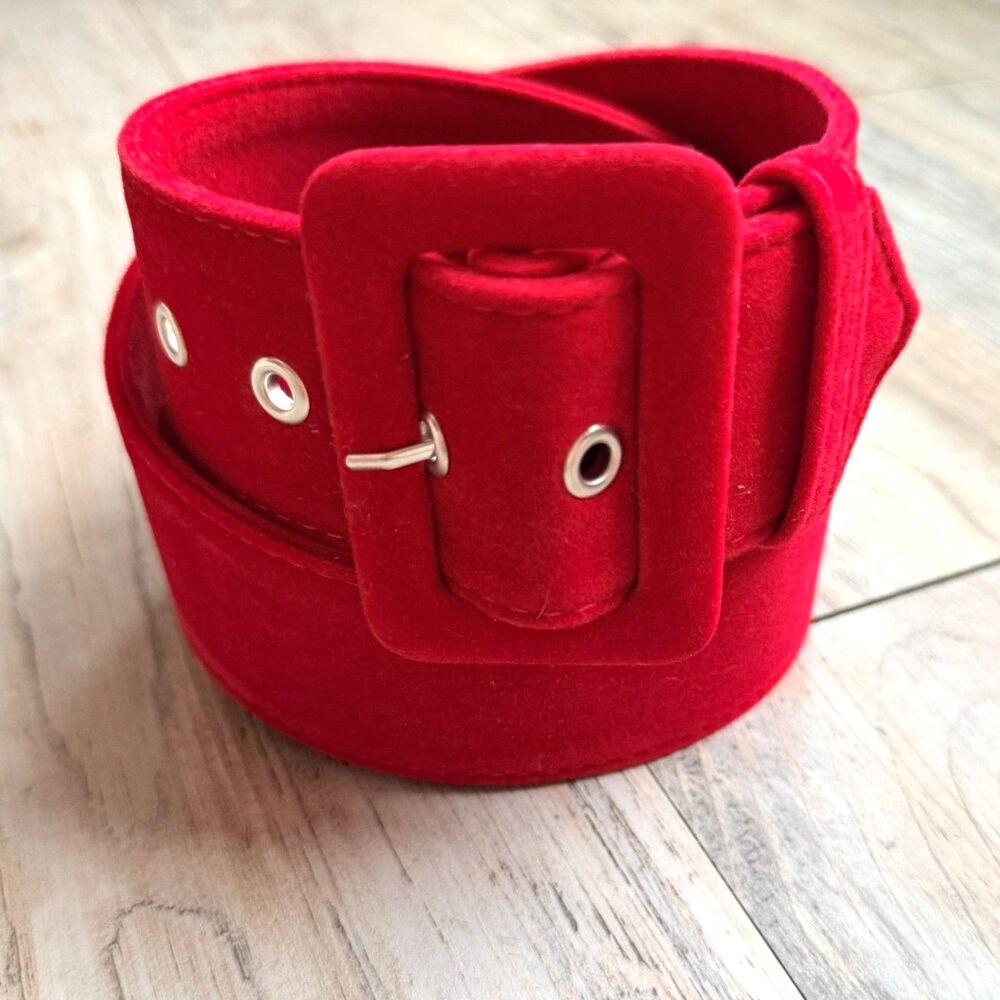 Vintage Y2K Red Velvet Wide Belt Size 40 Oversized Buckle Statement Waist Belt
